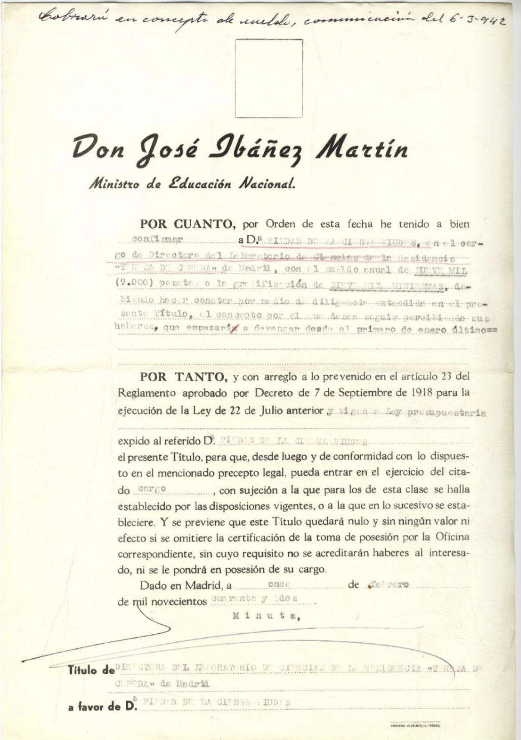 Expediente de Piedad de la Cierva como Directora de Laboratorio de Ciencias Químicas. AGA,31,01605,00048.